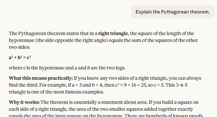Claude chat interface showing a text-only explanation of the Pythagorean theorem with the formula, a classic 3-4-5 triangle example, and a description of the area-based proof, without any visual diagram