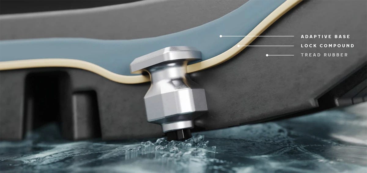 The innermost adaptive base layer stiffens in cold weather and pushes the stud out to the surface so it can bite the ice