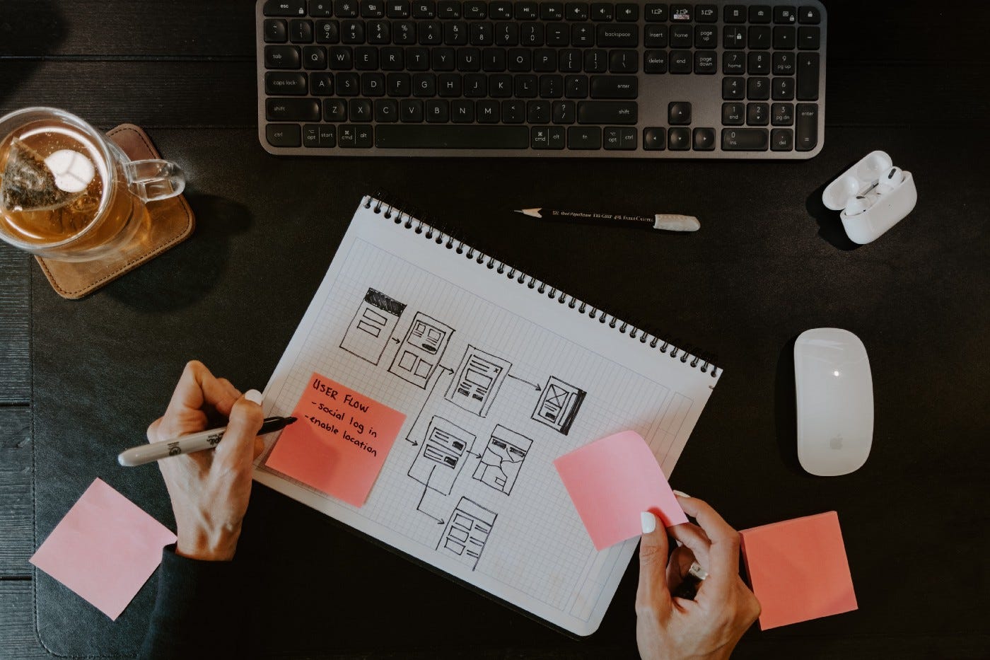 A desk with some design sketches and a few sticky notes