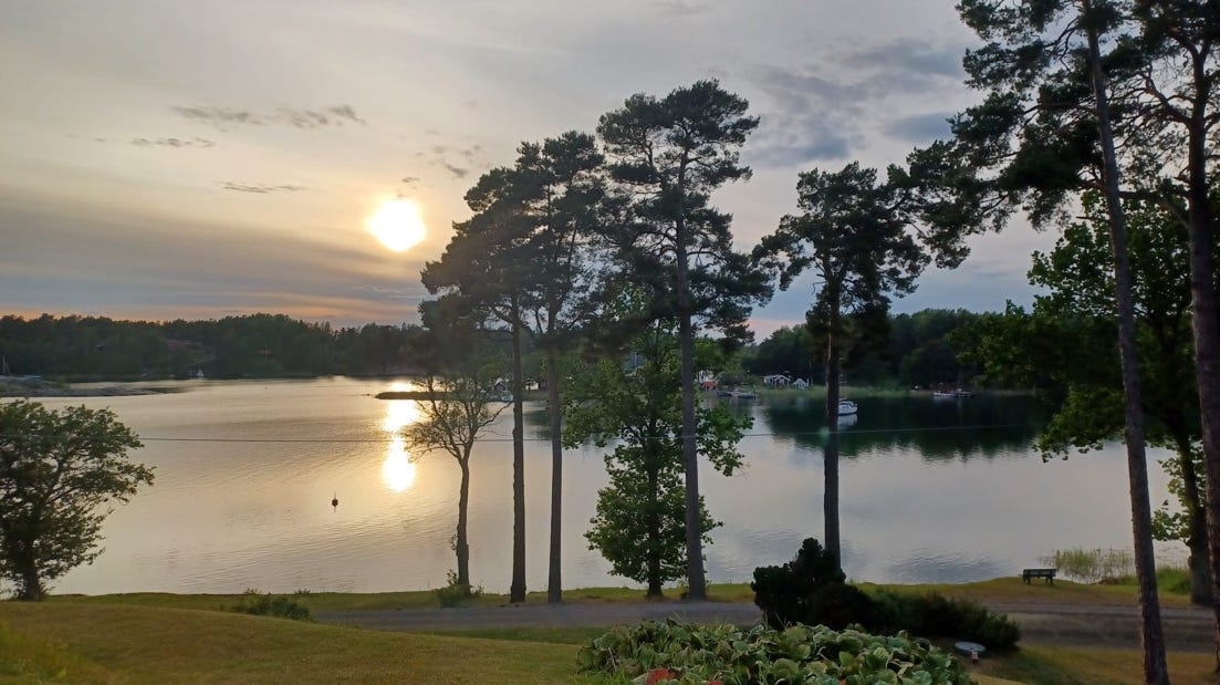 A body of water with trees and a sunset

AI-generated content may be incorrect.