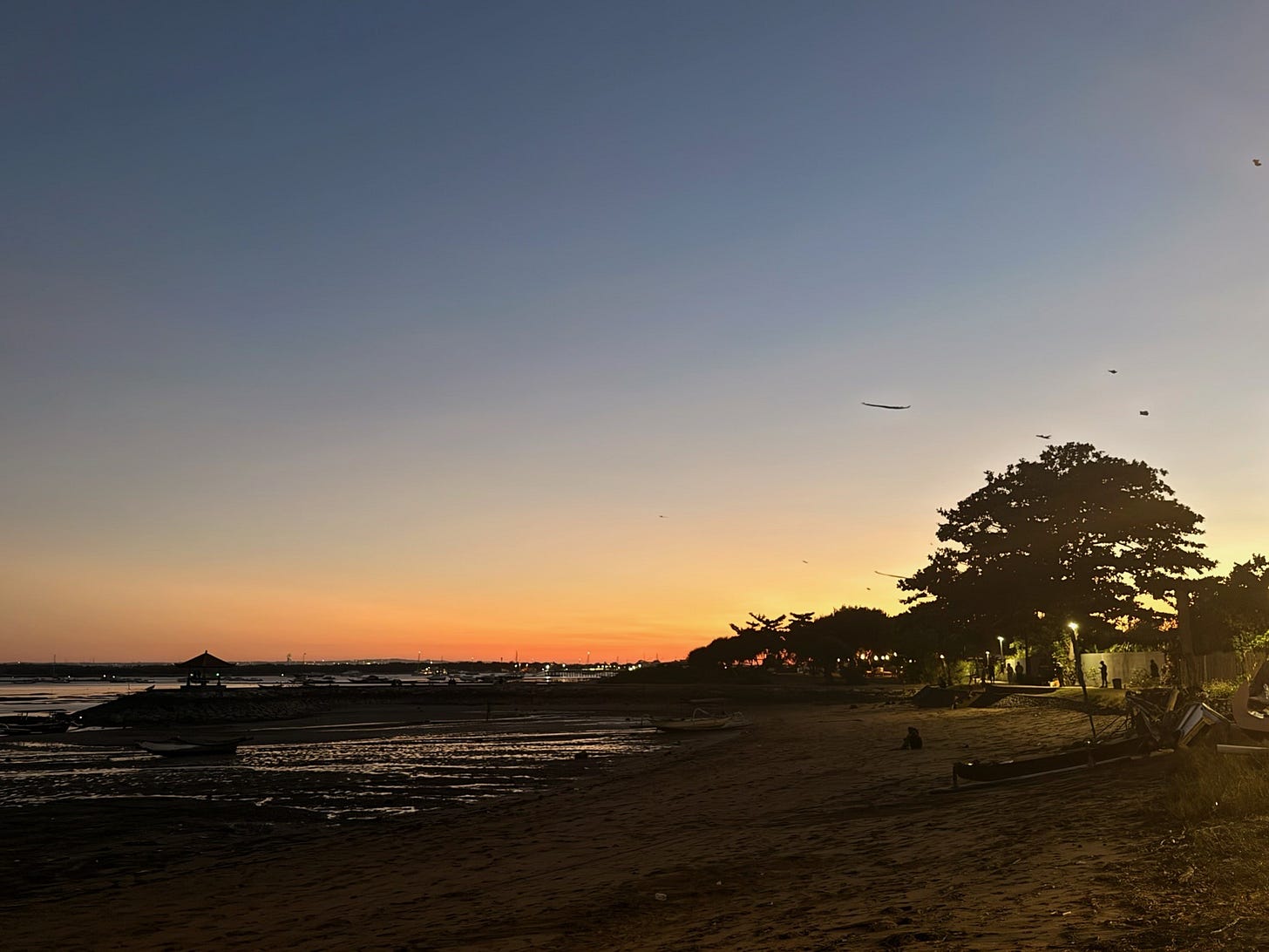 Sunset over a Bali beach with a tree silhouette and people scattered along the shoreline, soft light and open space.