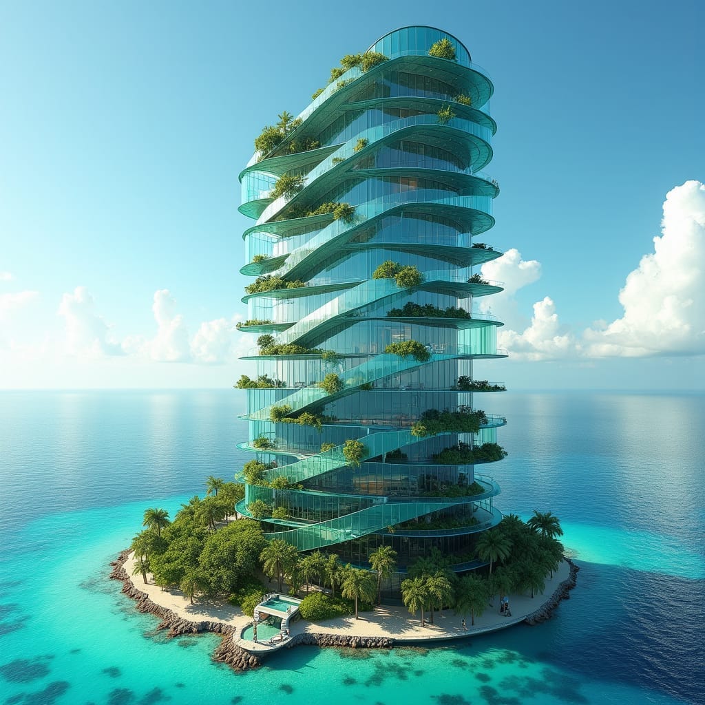 A skyscraper made entirely of mirrored glass that disappears into the skyline, reflecting the Caribbean sea and surrounding tropical landscape, making the building almost invisible from a distance. The structure twists slightly as it ascends, with each floor rotating slightly around a central core. Inside, the building features floating staircases, green walls, and floors that cantilever out from the structure, giving the illusion of floating in midair. Invisible architecture, twisting glass tower, surreal, eco-integrated.