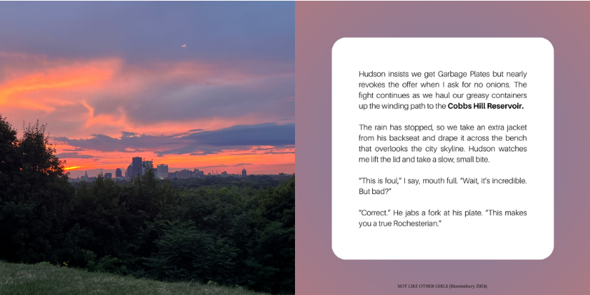 LEFT: Rochester skyline during sunset. RIGHT: Excerpt from NOT LIKE OTHER GIRLS.