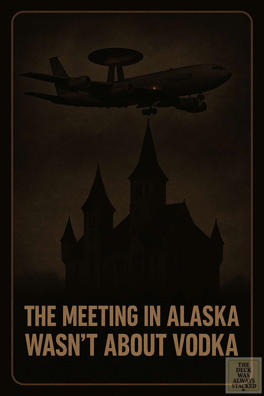 A vintage-style image of two suited men shaking hands beside a private jet under Arctic skies. The background includes snowy peaks and ice-laden terrain.