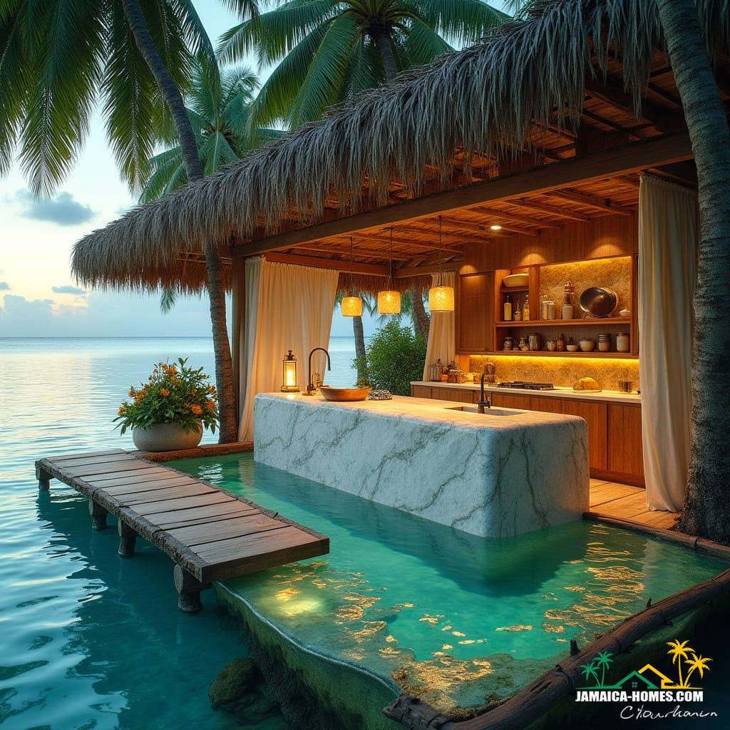 A serene, driftwood-hewn floating kitchen, anchored in the crystalline turquoise waters of Ocho Rios