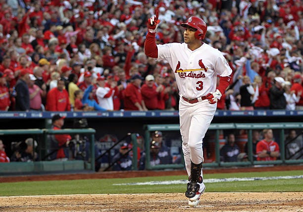 Carlos Beltran of the St. Louis Cardinals celebrates after hitting home run in the sixth inning against the Washington Nationals during Game Two of...
