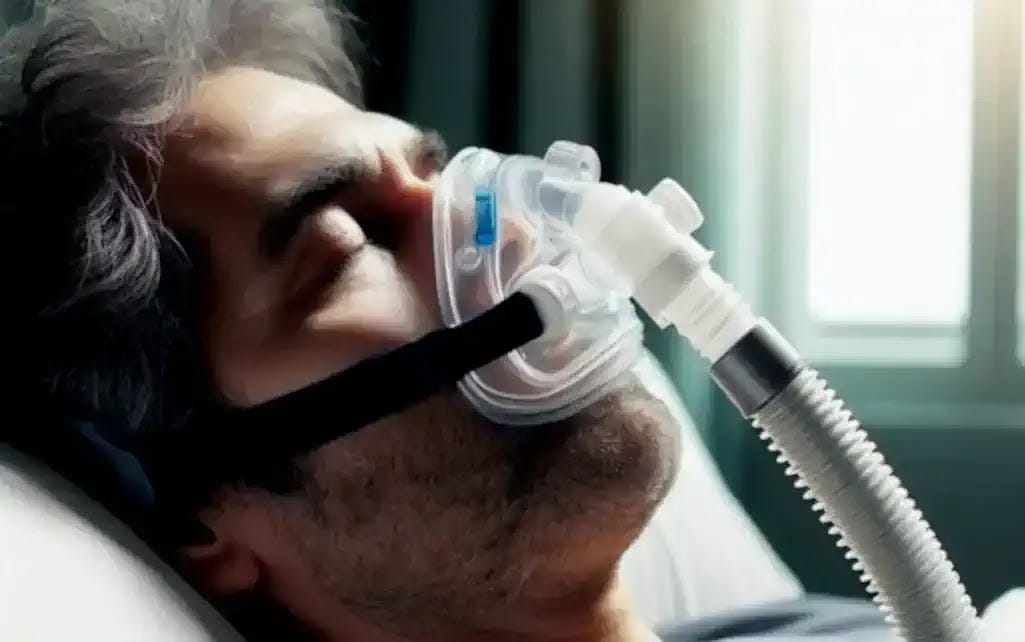 A middle-aged man rests soundly, utilizing a CPAP machine to aid his breathing throughout the night. This therapy, known as Continuous Positive Airway Pressure (CPAP), is a common and effective solution for individuals suffering from various sleep disorders, ensuring they receive the necessary airflow to maintain restful sleep.