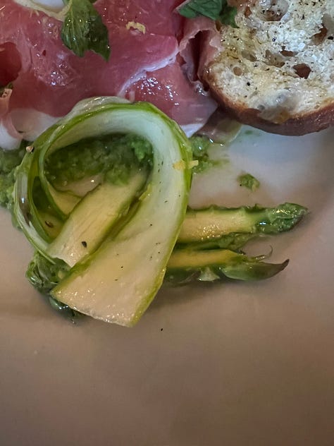 burrata with lemon peas and asparagus with toast points from slim's pizzeria