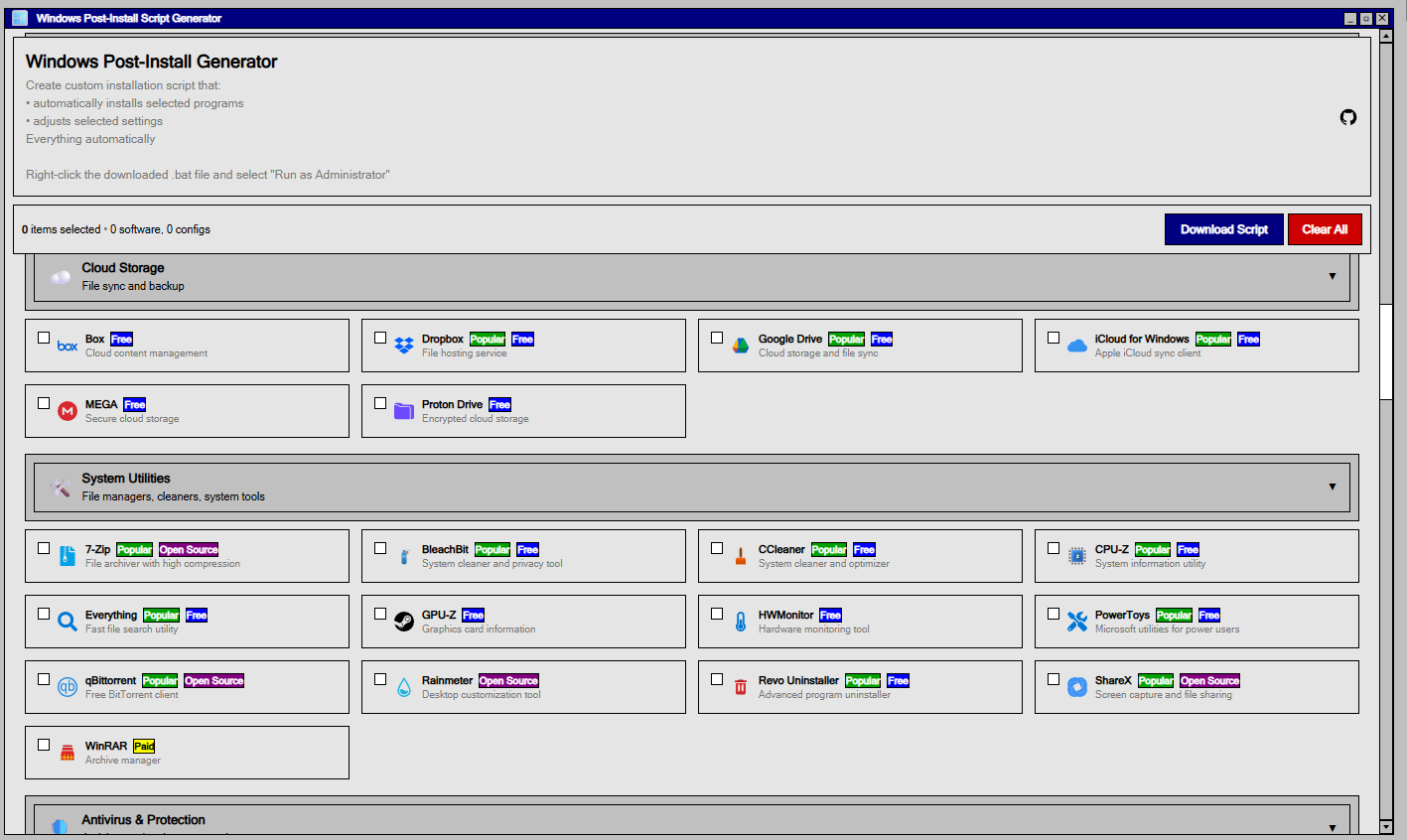 A screenshot of the Windows Post-Install Script Generator interface, showing categorized software options like web browsers and communication apps selectable for script generation.