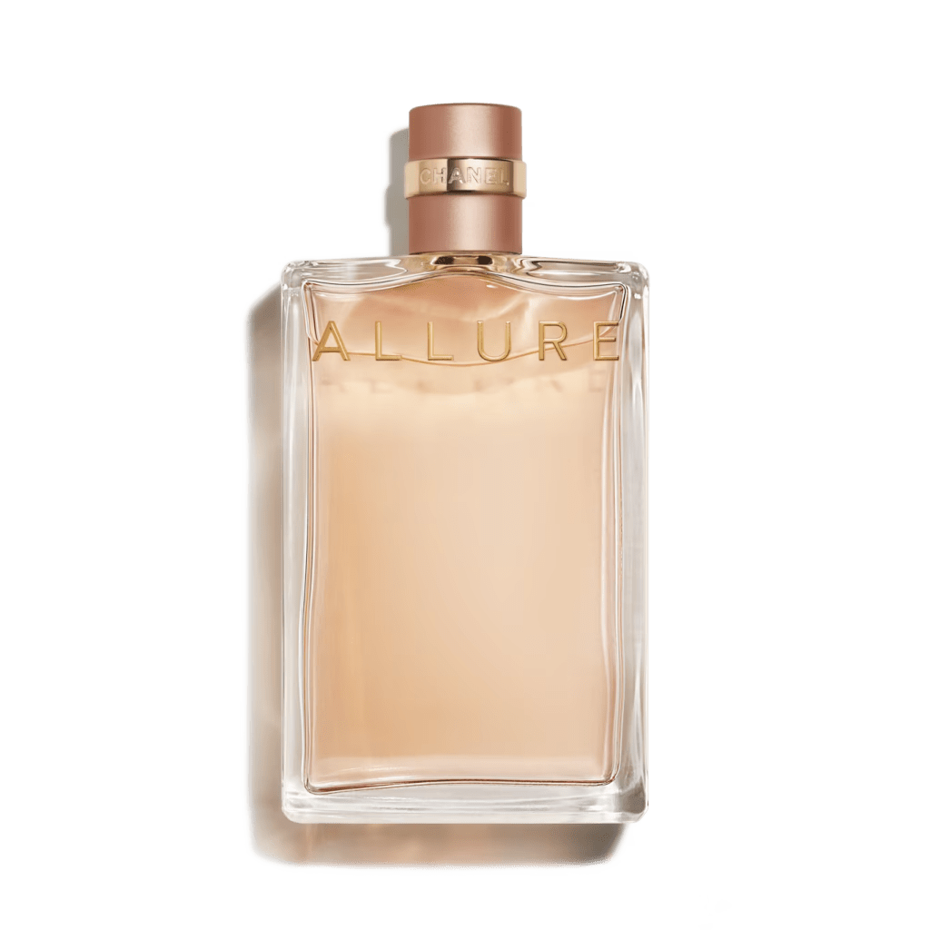 A glass perfume bottle of Chanel Allure, featuring a gold logo, with a pink cap, showcasing a light amber fragrance inside.