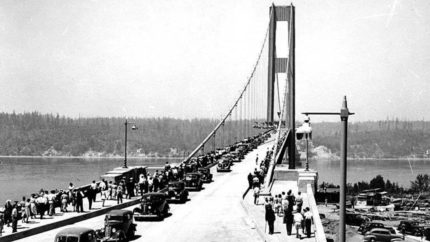 Opening day of the Tacoma Narrows Bridge, Tacoma, Washington, July 1, 1940. Opening day of the Tacoma Narrows Bridge, Tacoma, Washington, July 1, 1940.