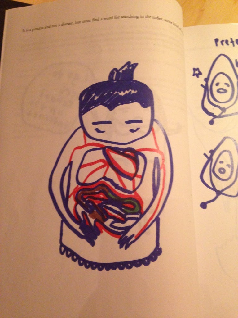 A drawing of a woman with a top-knot holding her stomach