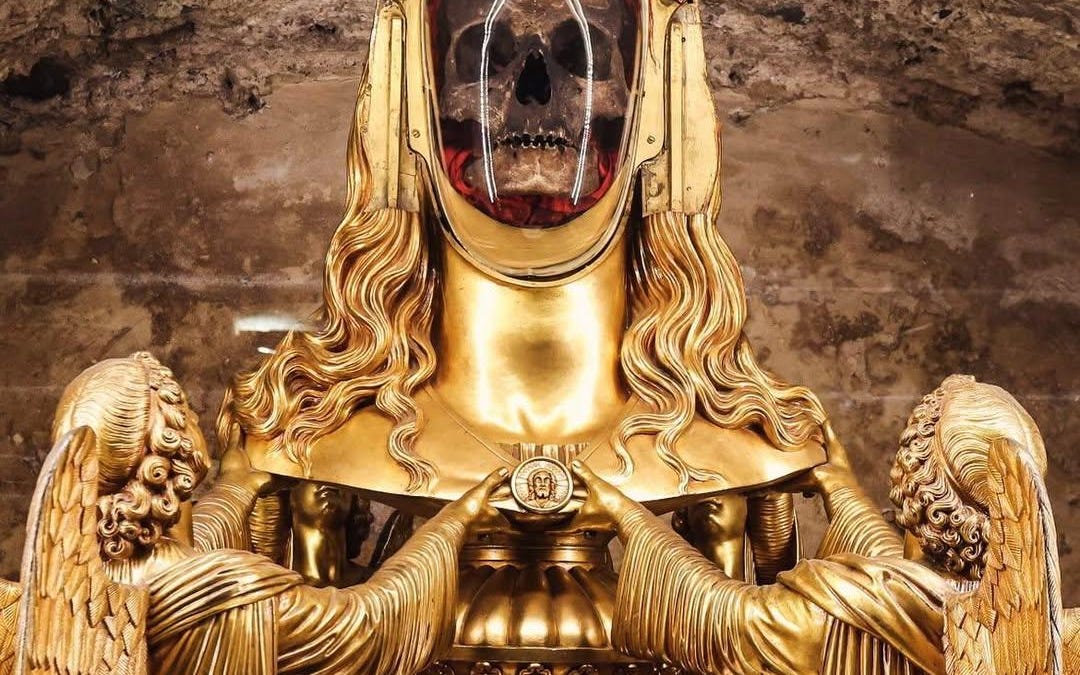Apocalypse aesthetics: golden skulls, exploding comets, and AI ghosts of the dead.