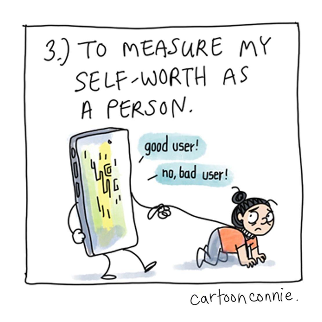 Panel 4 of a 6-panel comic strip about a cartoon girl with a bun, vowing to not use social media for getting news, for companionship, or as a measure of self-worth. Excerpt from "A Social Media Vow," original artwork by Connie Sun, cartoonconnie, 2025.