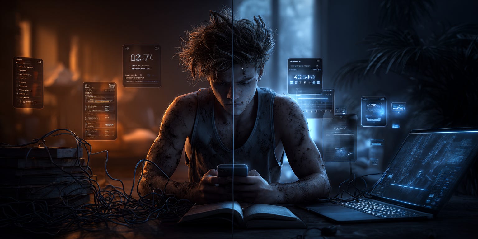 Left side shows a person frantically staring at a frozen loading screen on their phone with an anxious, stressed expression, surrounded by chaotic tangled wires and error messages floating around them. Right side shows the same person calmly multitasking - reading a book, exercising, working on a laptop