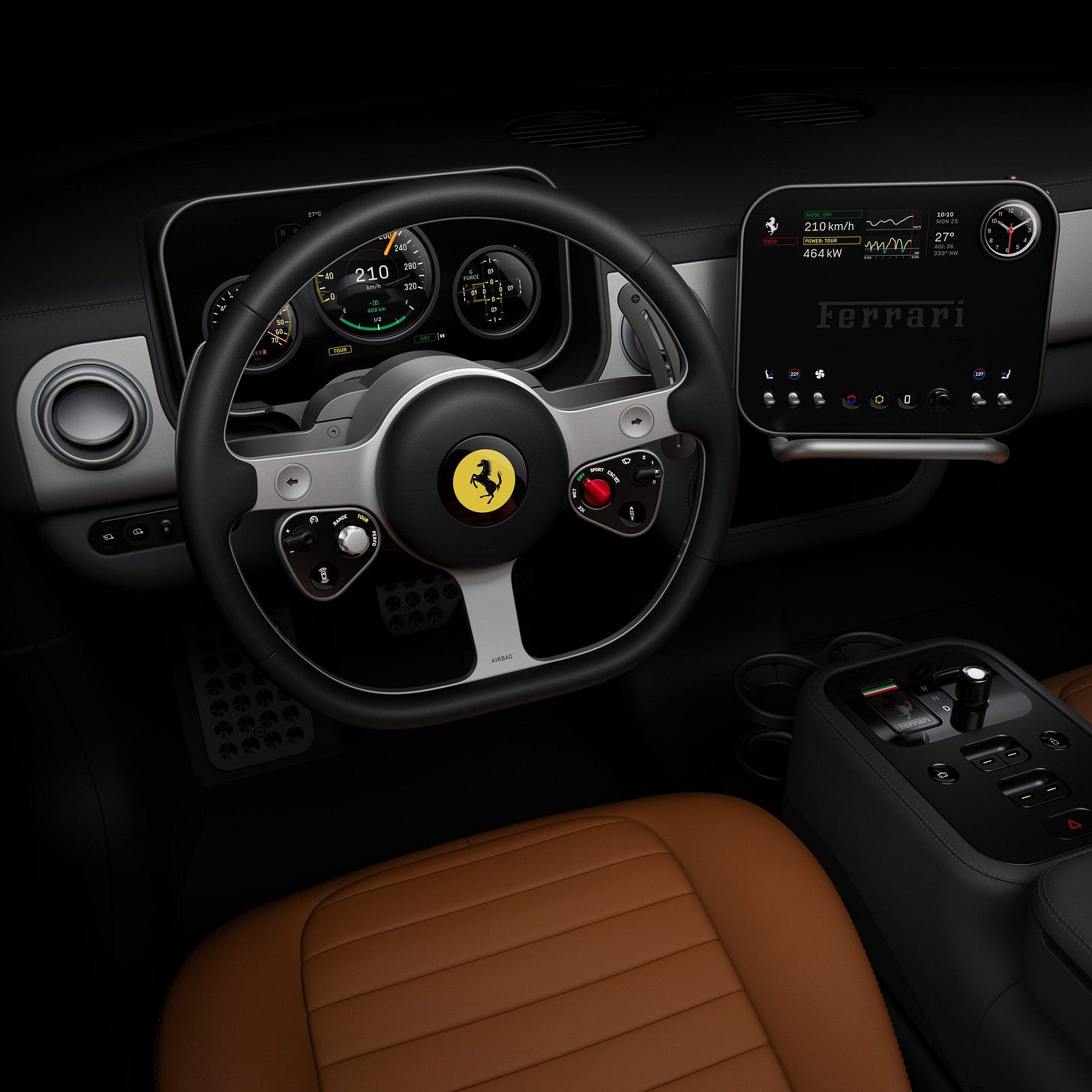 Ferrari Luce electric vehicle interior designed by Jony Ive showing steering wheel with prancing horse   badge digital instrument cluster center display and tan leather seats