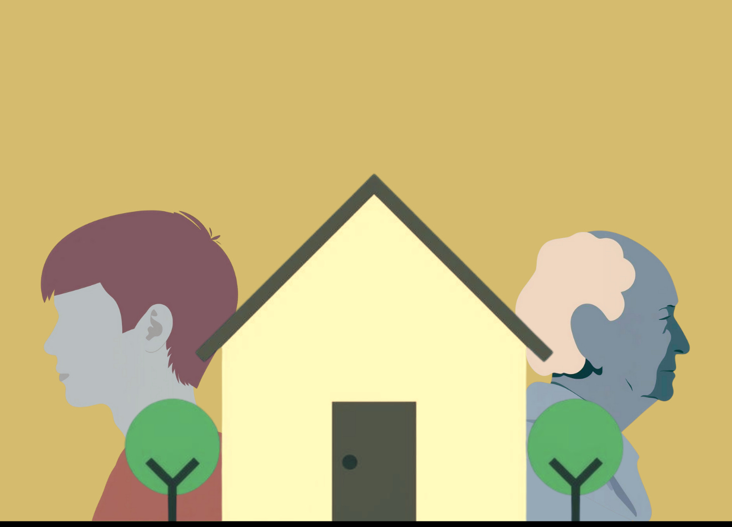 Illustration of a house with a younger person looking away from it to the left and an older person looking away to the right