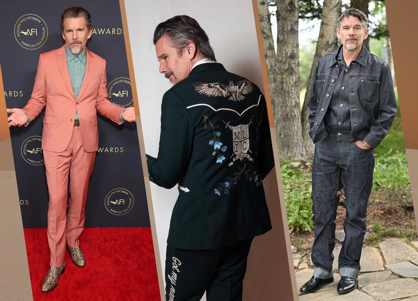 Ethan Hawke Red Carpet Style: Suits, Double Denim, and Stylist Secrets Ethan Hawke Red Carpet Style: Suits, Double Denim, and Stylist Secrets