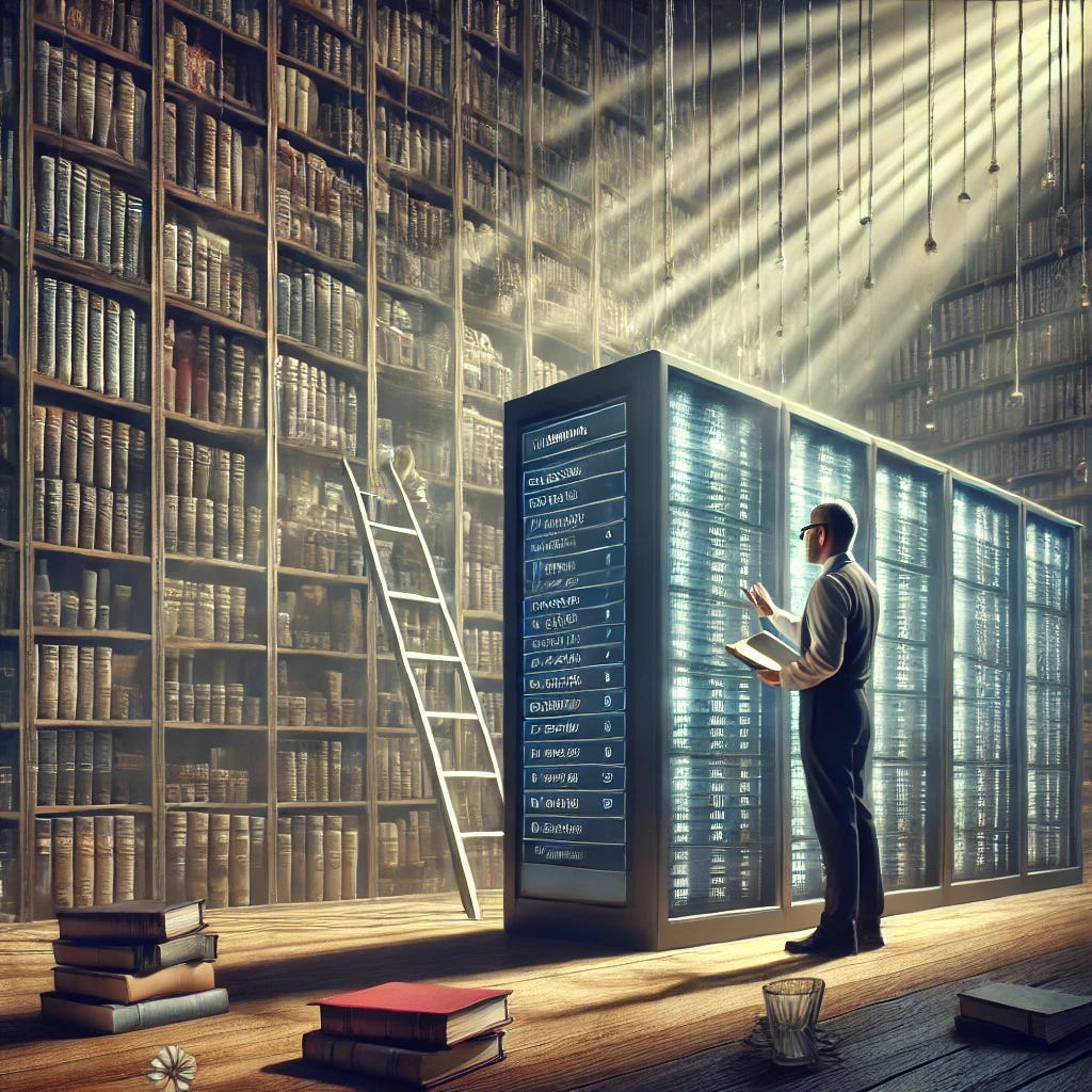 A metaphorical image of a server as a librarian in a large library, managing and safeguarding books that represent financial records of individuals. The librarian, a middle-aged individual with glasses, stands by a large bookshelf filled with organized books, each labeled as different financial accounts. The setting is serene and orderly, conveying security and readiness. The librarian is checking one of the books, symbolizing the access to financial records even when the main system is offline. The atmosphere is calm and professional, highlighting the reliability of the system.