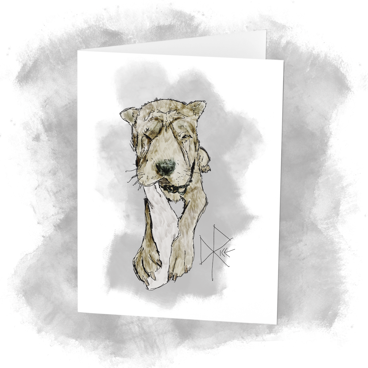 With the toe-end of a white sock secured between his paws, a Shar-Pei dog chews on the other end. Sketch art by Don Rice. With the toe-end of a white sock secured between his paws, a Shar-Pei dog chews on the other end. Sketch art by Don Rice.