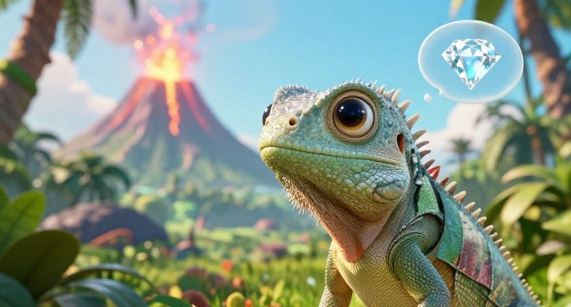 cute lizad dinosaur thinking about a diamond, with a volcano erupting in the background cute lizad dinosaur thinking about a diamond, with a volcano erupting in the background