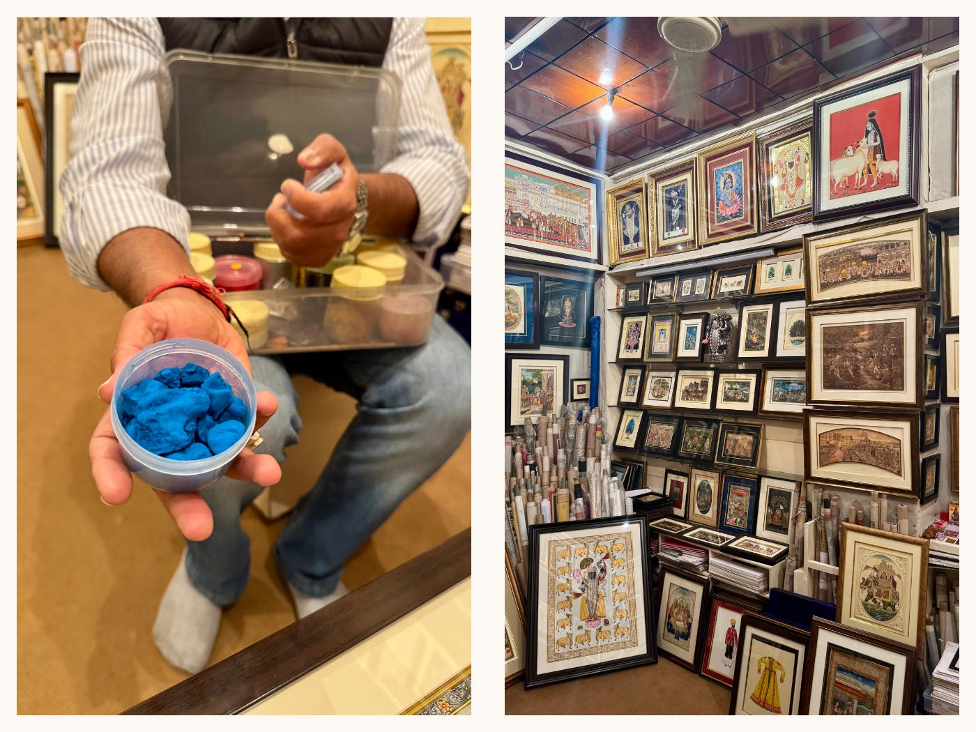 Two images: a person holding bright blue pigment in a small container and a shop interior filled with framed miniature paintings.