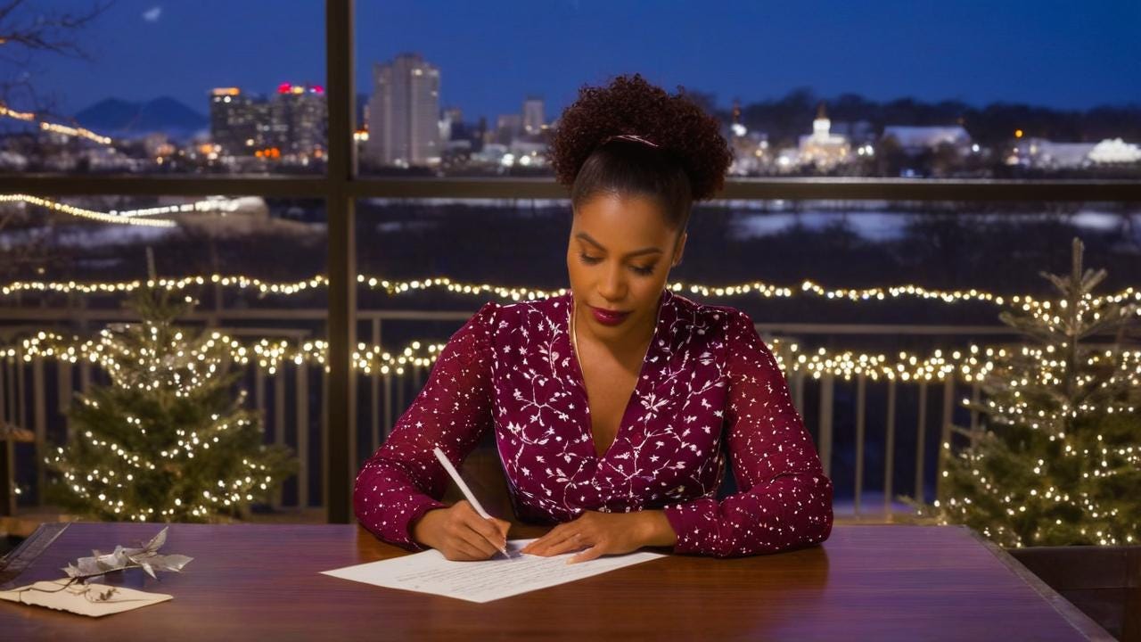 African American woman with pretty deep red, violet, and white blouse on  sitting in an urban  room at a table while writing a letter with a wintry view and Christmas lights outside
