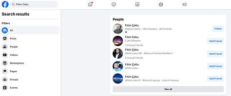 How Mr Çeku Spreads Disinformation: Multiple Profiles, Coordinated Narratives Screenshots illustrating Mr Çeku’s use of multiple Facebook accounts to circulate unfounded allegations and conspiracy narratives targeting the Specialist Chambers and its prosecutors. The posts below reveal a pattern of systematic distortion designed to confuse public understanding and undermine trust in judicial processes.