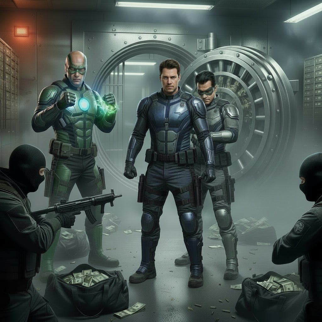 Conduit, Reset, and Blink facing off against armed bank robbers