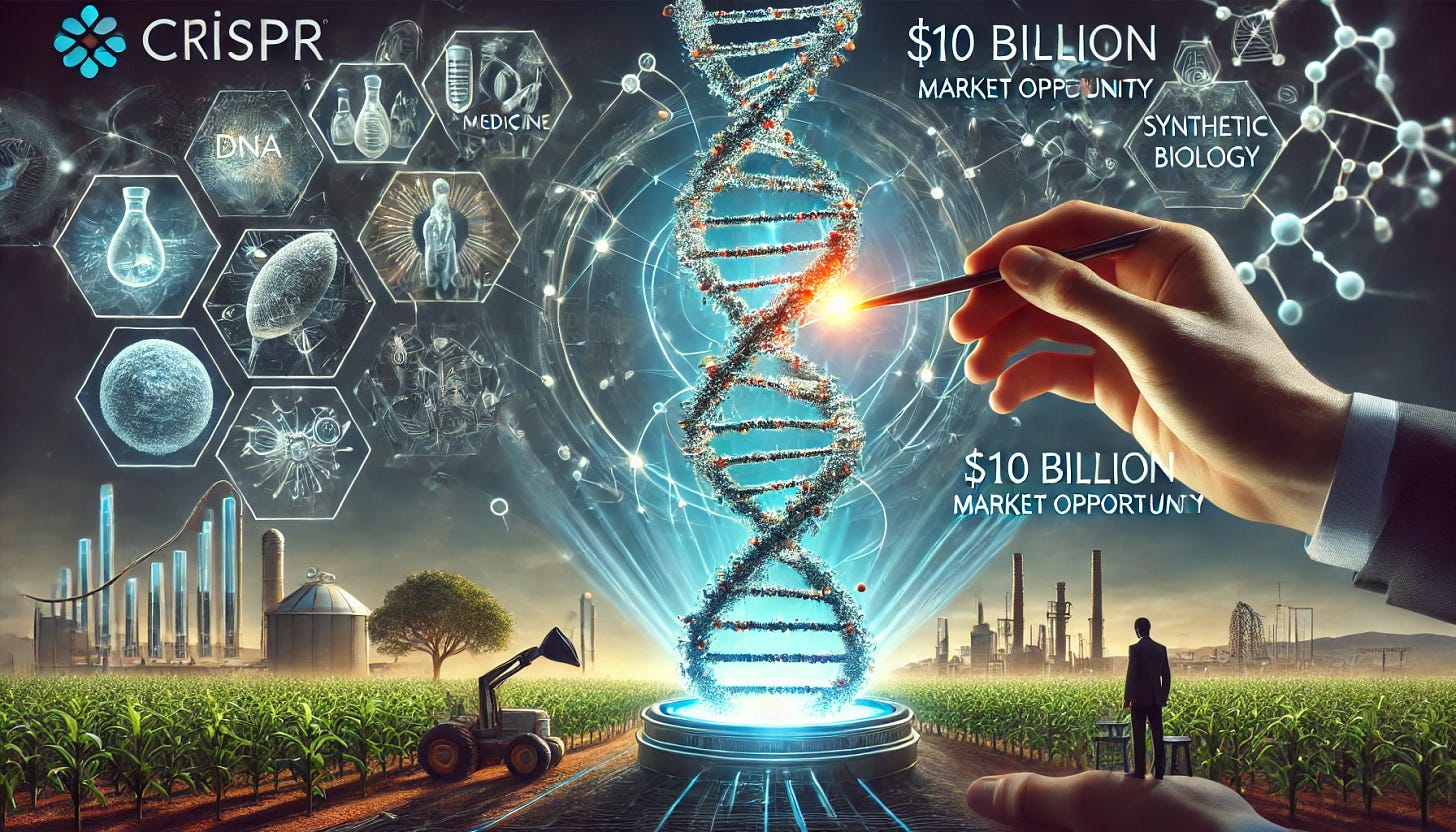 A visually dynamic image representing CRISPR's transformative impact on the biotech industry. The scene features a double helix DNA strand being precisely edited by futuristic tools, with glowing connections symbolizing innovation in medicine, agriculture, and synthetic biology. The background showcases diverse applications like crops, a human figure symbolizing health, and industrial machinery for sustainability. The aesthetic is modern, sleek, and emphasizes the $10 billion market opportunity.