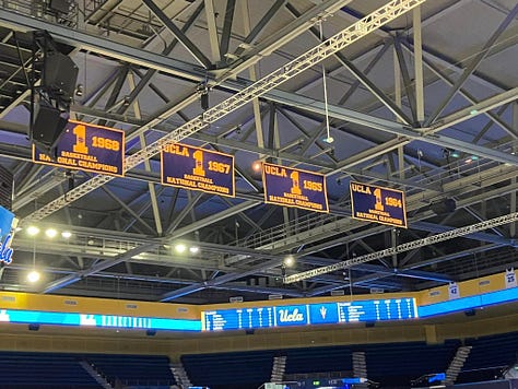 Images of UCLA, Pauley Pavillon, and NCAA Championship banners