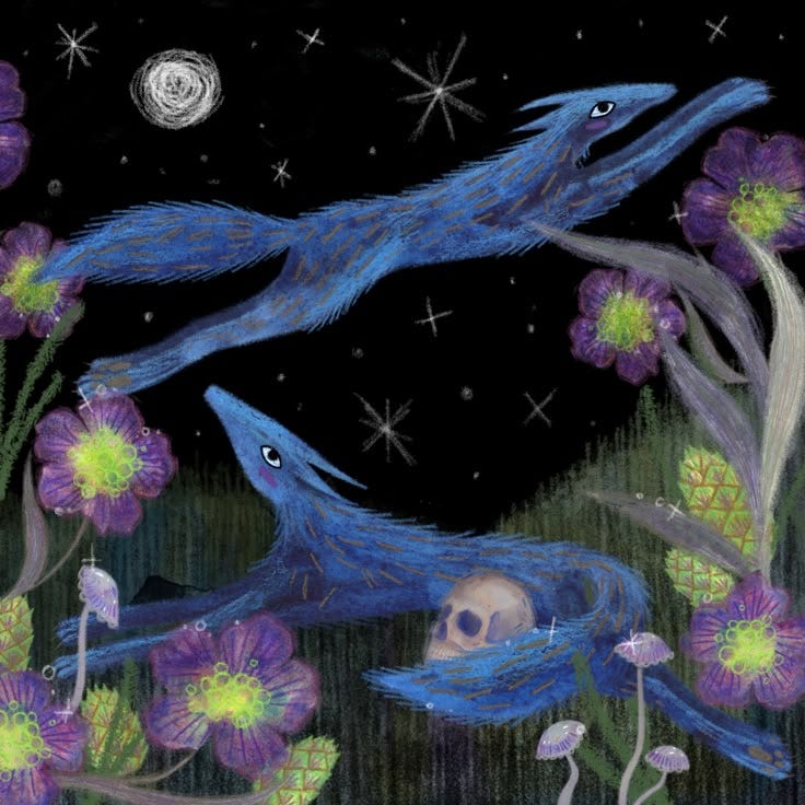 This may contain: two blue birds flying over purple flowers under a night sky with the moon and stars above them