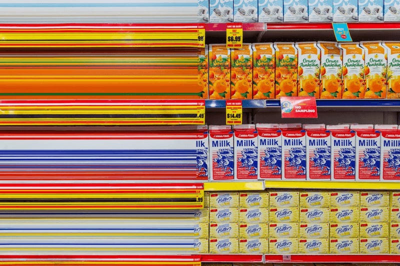 The dairy aisle of Omega Mart, where the milk is glitching out of reality.