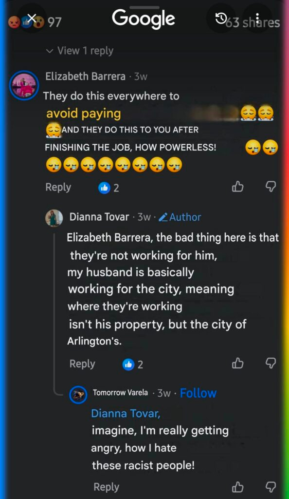 Dianna Tovar, married to the J&L Utilities worker. Her conclusion: "Everyone is RACIST!"