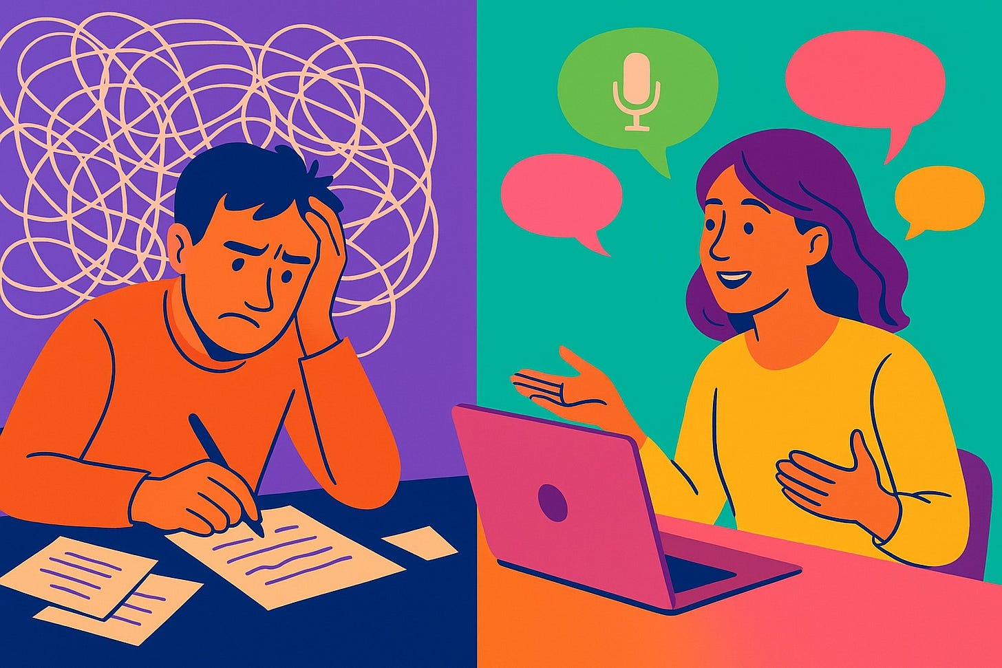 Split digital illustration showing two scenes side by side. On the left, a person sits at a desk writing with a pen on paper, looking slightly frustrated, with tangled lines above their head representing confusion. On the right, a woman sits in front of a laptop, speaking confidently with colorful speech bubbles around her, including one with a microphone icon. The colors are bright and varied, contrasting the two moods.