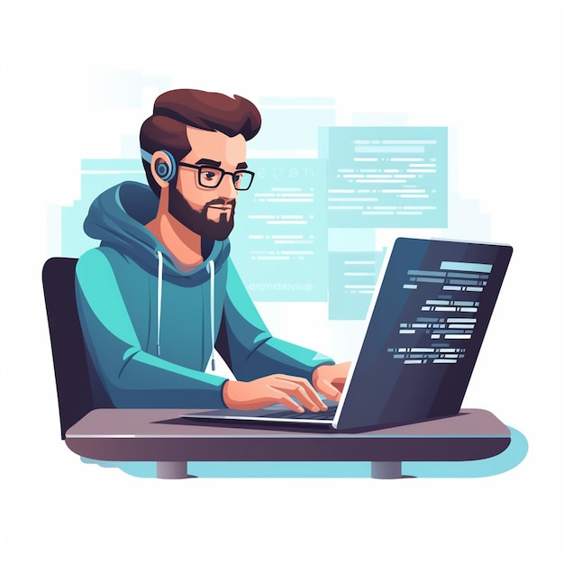 a man is working on a laptop with the word code on it