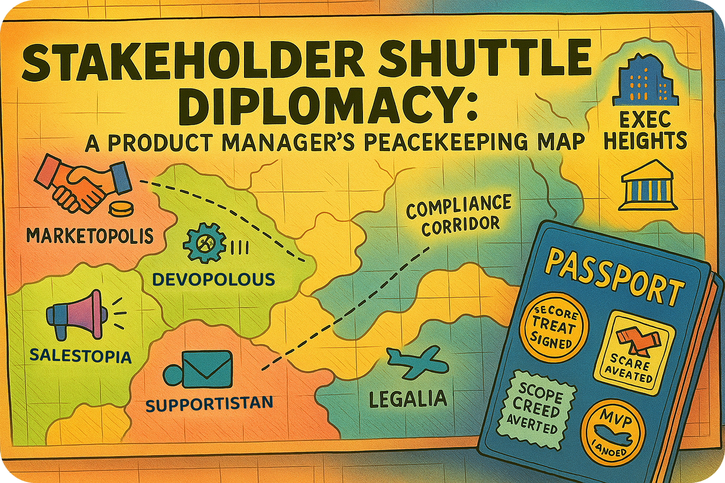 Passport stamps include: "Survived Legal Review," "Escaped Marketing Rebrand," and "MVP Denied Entry."