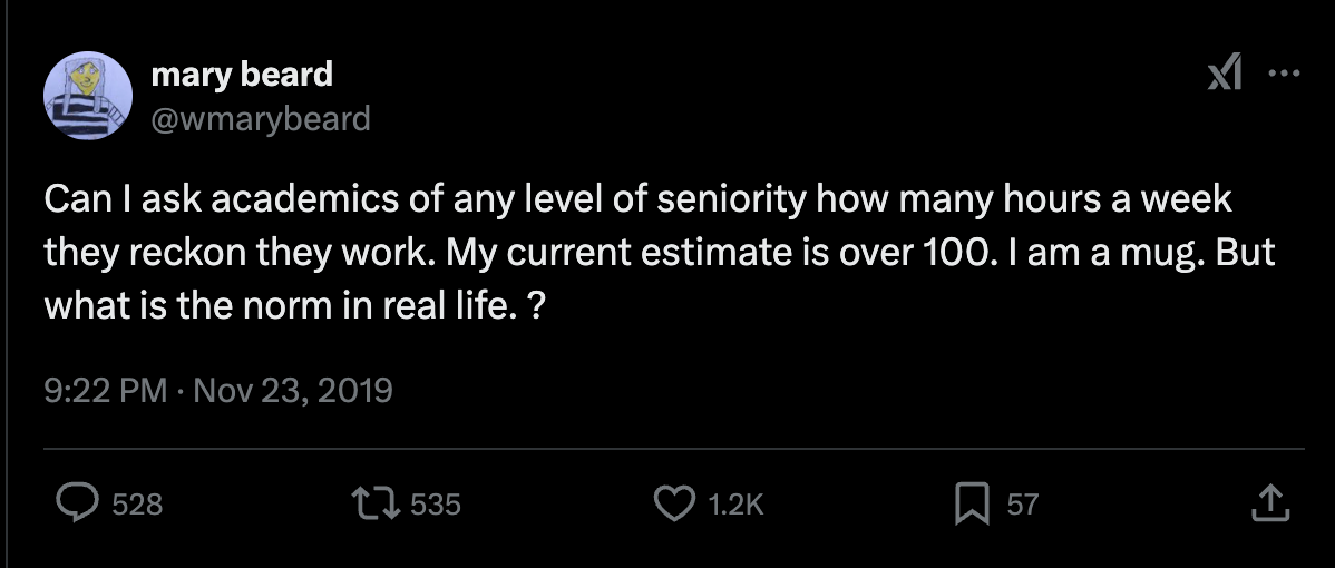 Tweet reading: Can I ask academics of any level of seniority how many hours a week they reckon they work. My current estimate is over 100. I am a mug. But what is the norm in real life. ?