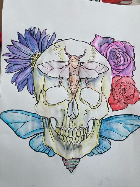 Coloured in Decorative Skulls from a colouring book