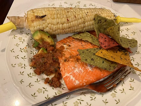 Grilled peaches, chicken, salmon, and delicious food