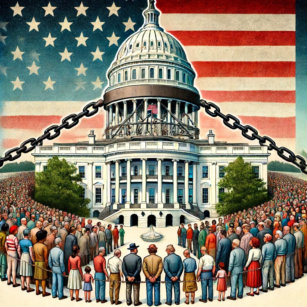 An illustration showing the dominance of the US federal government with the White House at the top and people at the bottom. The White House is depicted large and imposing at the top of the image, symbolizing authority and control. Below, a diverse group of people of different ages, ethnicities, and backgrounds appear small and subdued, looking up towards the White House. The people are connected to the White House with lines or chains, symbolizing the control and dominance of the federal government over the populace. The American flag is present, adding to the authoritative atmosphere.
