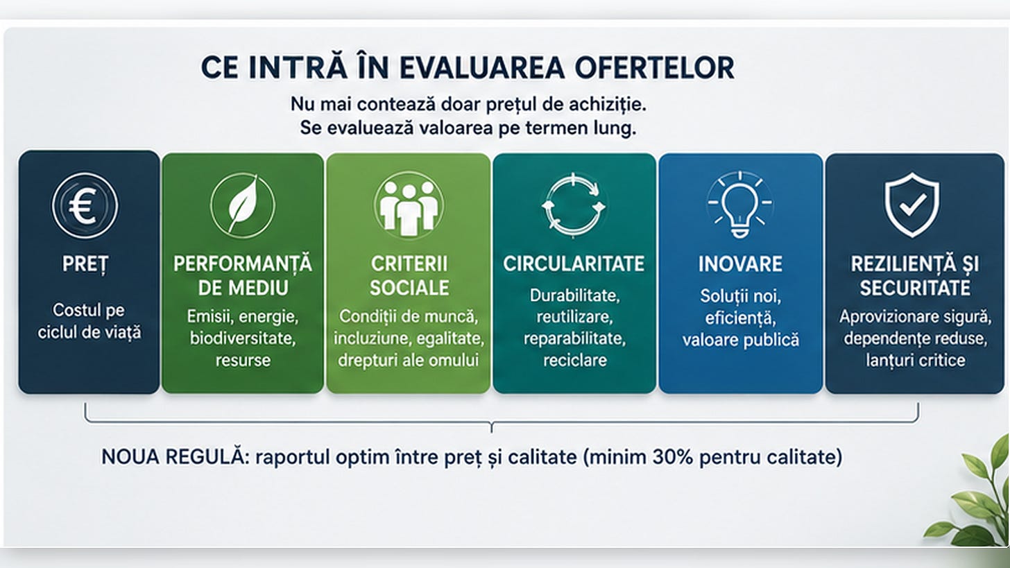 Criteriile de evaluare a unei oferte publice: preț, performanță de mediu, criterii sociale, circularitate, inovare, reziliență și securitate.