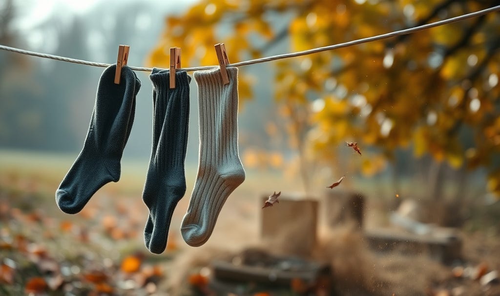 A sad photo with socks on the line, and some autumn leaves and dust in the background that is reminiscent of death and grief.