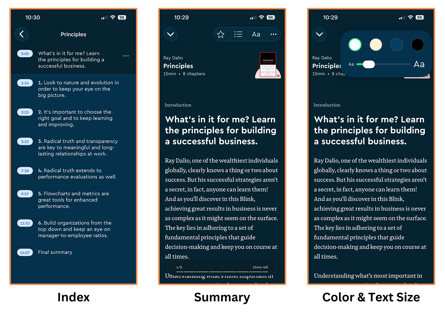 Blinkist’s “key ideas” for the book Principles (mobile app + dark mode) Blinkist’s “key ideas” for the book Principles (mobile app + dark mode)