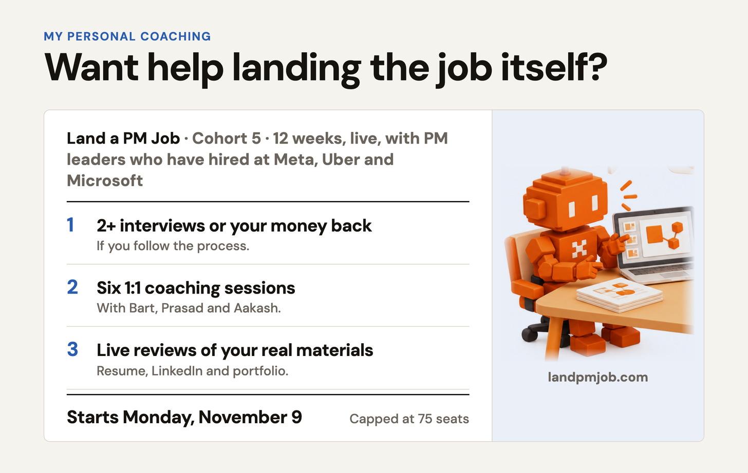 Land a PM Job, Cohort 5: 2+ interviews or your money back if you follow the process, starts Monday November 9