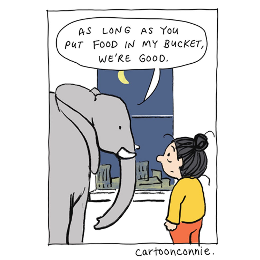 Panel 4 Panel 1 of 7 of a 2-page comic strip about managing worries, illustrating a cartoon girl with a bun talking to an elephant and preparing food. To get through the day, she has to separate her stresses and worries into different buckets. Titled "Different Buckets," original artwork by Connie Sun, cartoonconnie, 2026.