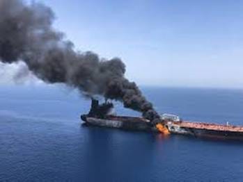A ship on fire in the ocean
AI-generated content may be incorrect.