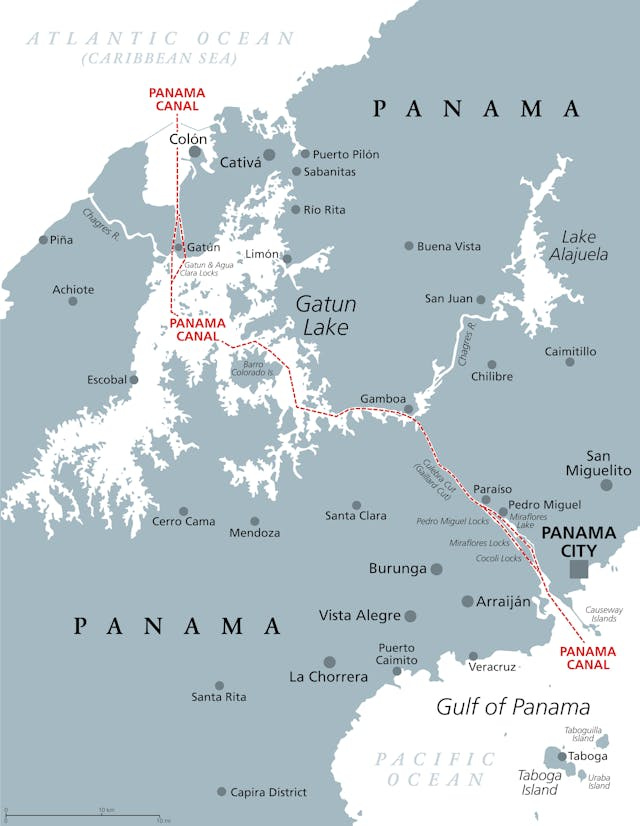 This map shows the location of the Chinese-managed Panama-Colon container port at the tip of the Panama Canal.