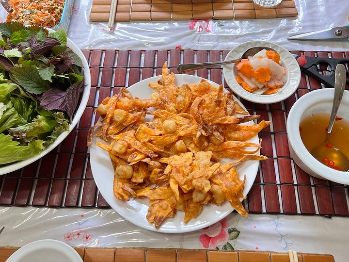 Crispy sweet potato and shrimp fritters.